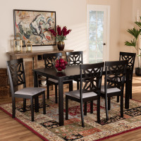 Baxton Studio RH1019C-Grey/Dark Brown-7PC Dining Set Dallas Modern and Contemporary Grey Fabric Upholstered and Dark Brown Finished Wood 7-Piece Dining Set